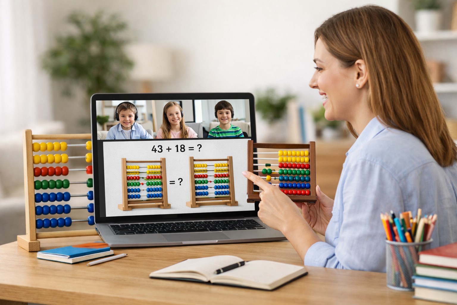 Certified abacus teacher conducting online abacus classes from home after teacher training
